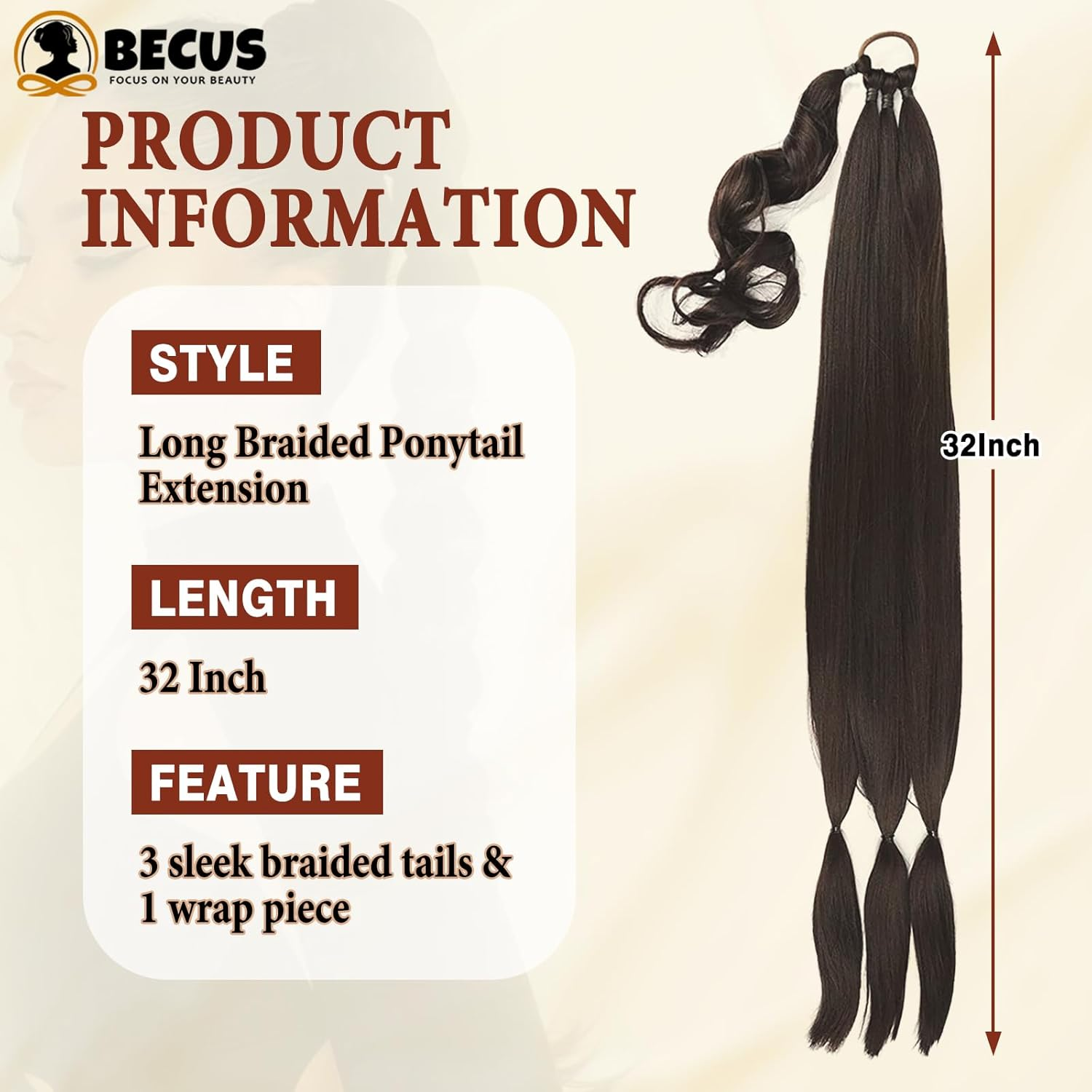 BECUS Long Braid Ponytail Extension with Elastic Tie Straight Sleek Wrap around Braid Hair Extensions for Women Ponytail Natural Soft Synthetic Hairpiece Black Brown 32 Inch(After Braided 30 Inch) - Blonde image number 3