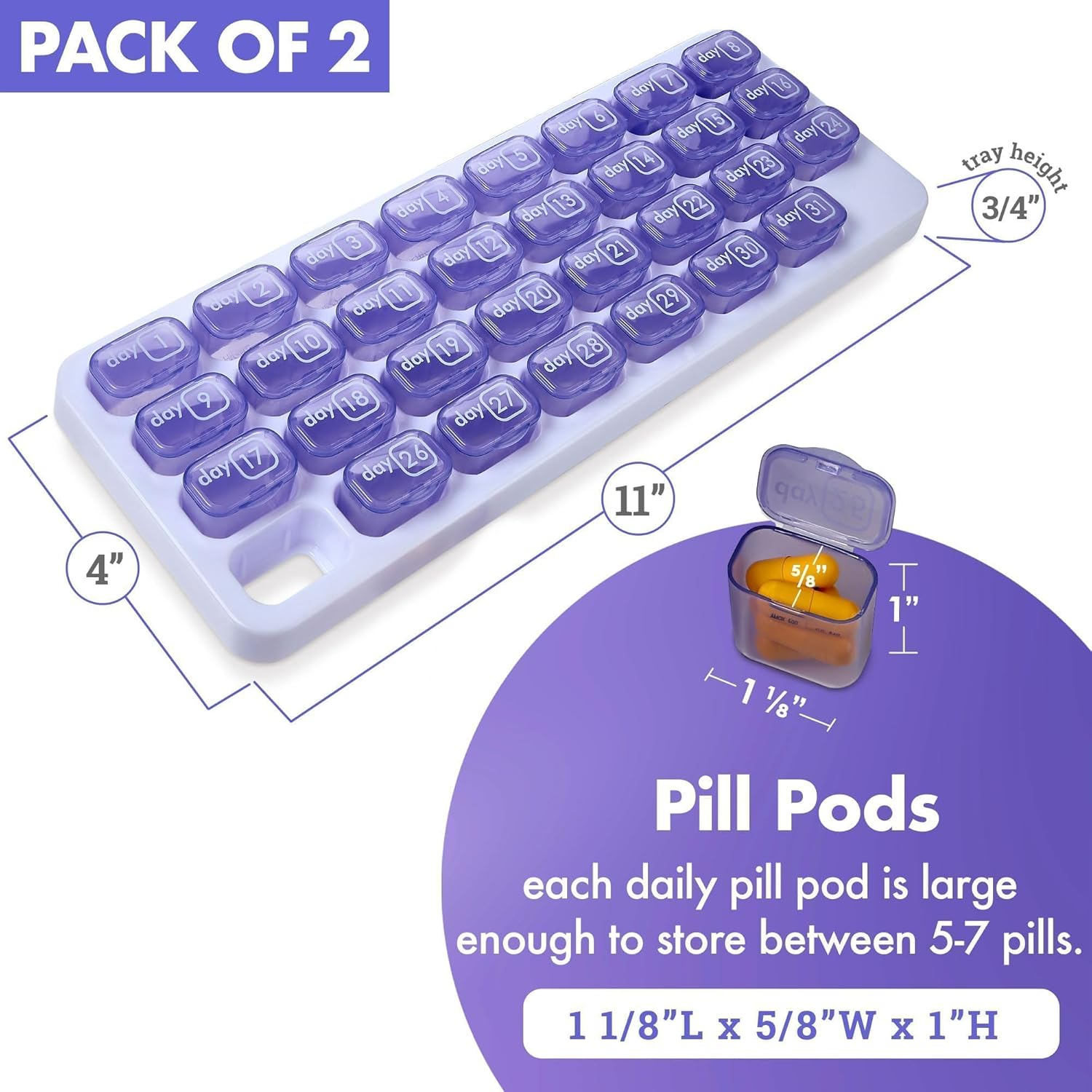 Monthly Pill Organizer - 31 Day Pill Organizer with Large Removable Medication Pods, Portable Pill Case Box and Holder for Daily Medicine and Vitamins for Travel, Purple image number 5