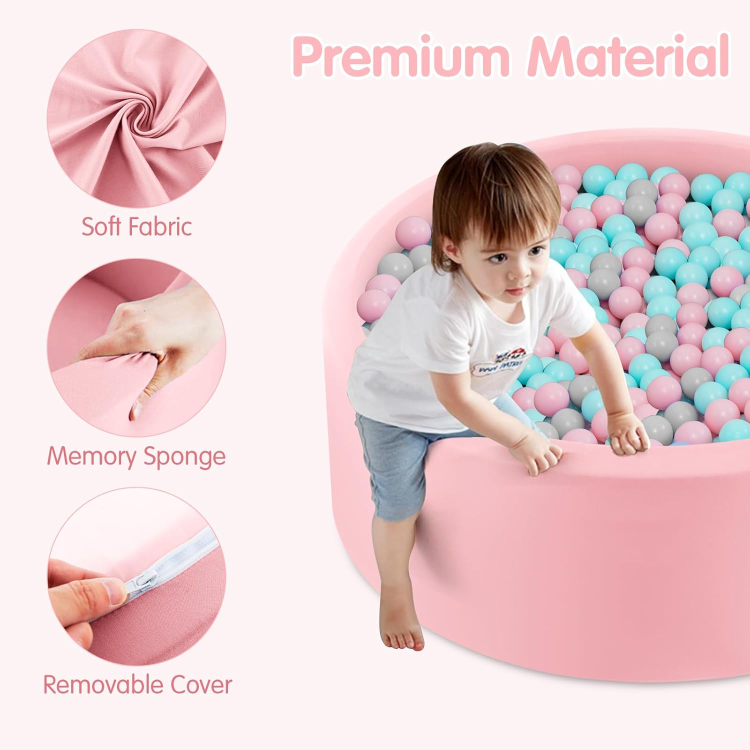 INFANS Foam Ball Pit for Toddlers with 200 Balls, 90X30Cm Large round Ball Pool Playpen with Soft Memory Sponge Pad, BPA Free Kids Babies Indoor Outdoor (Pink) image number 3