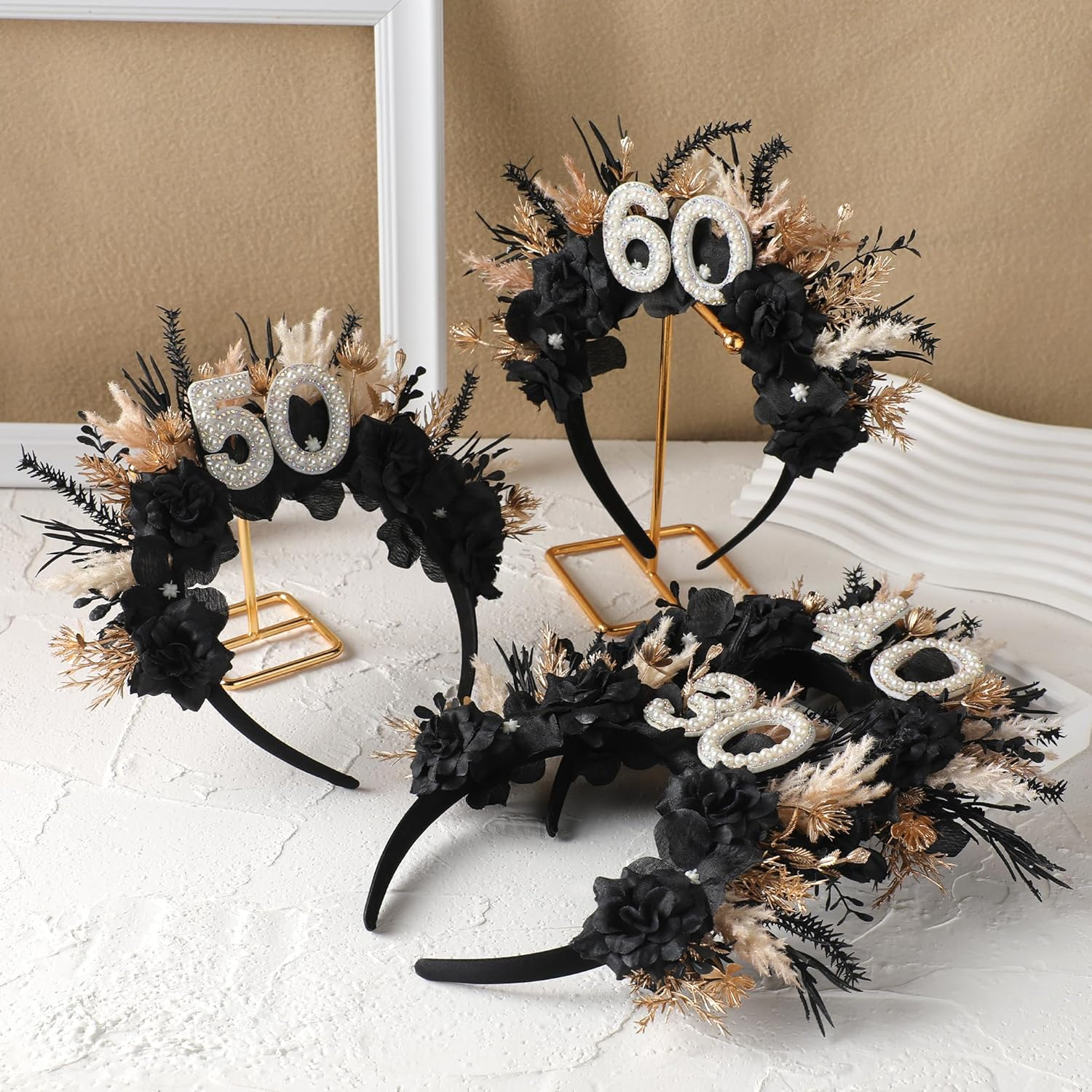 Partyforu Black Flower Birthday Headband - Birthday Crown Happy Birthday Headband for Her Birthday Gifts for Women Party image number 5