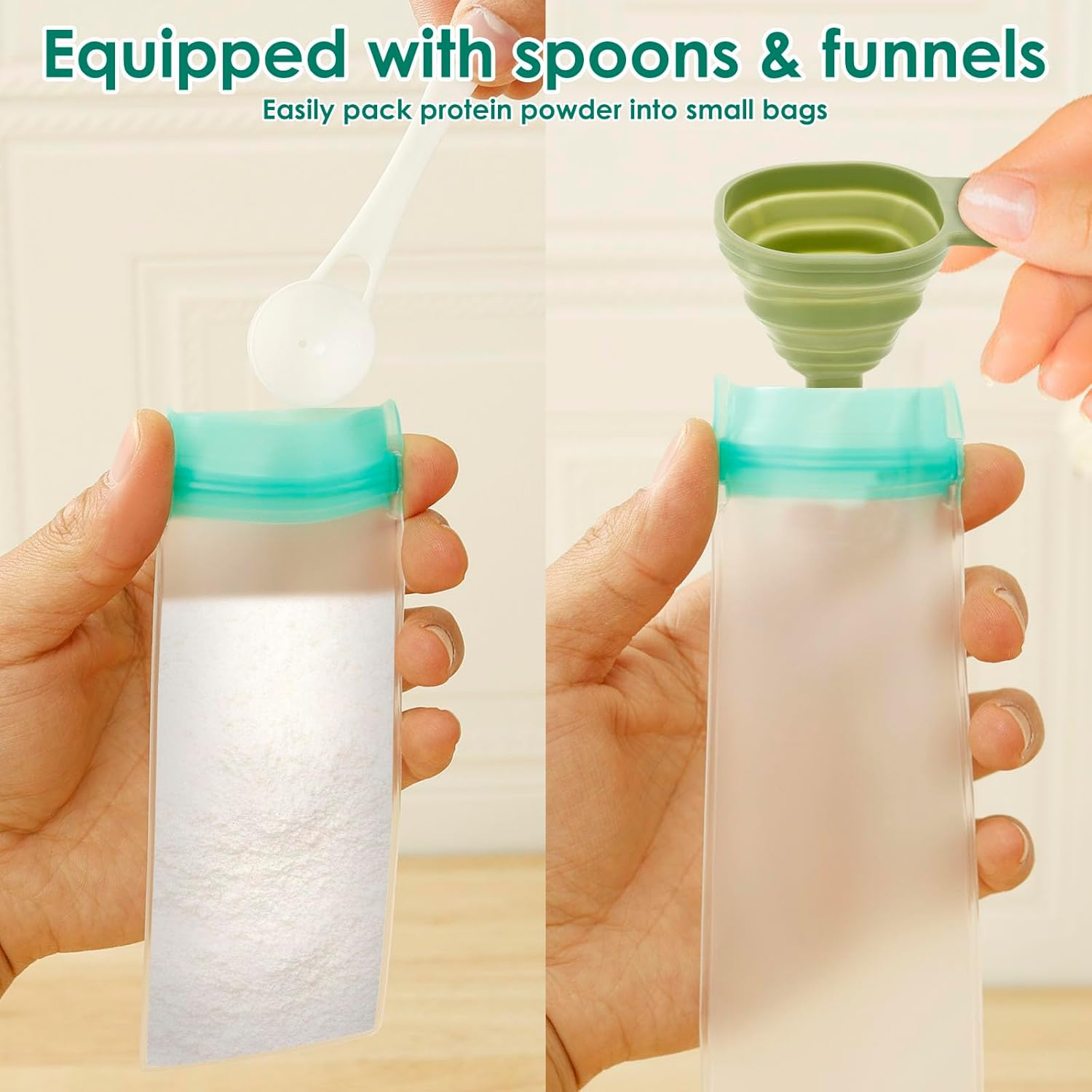 Protein Powder Travel Container Set, 25 Pcs Reusable Protein Powder Container to Go, Portable Supplement Storage Containers with Funnel and Spoon, Travel Containers Zip up Bags for Workout Fitness image number 3