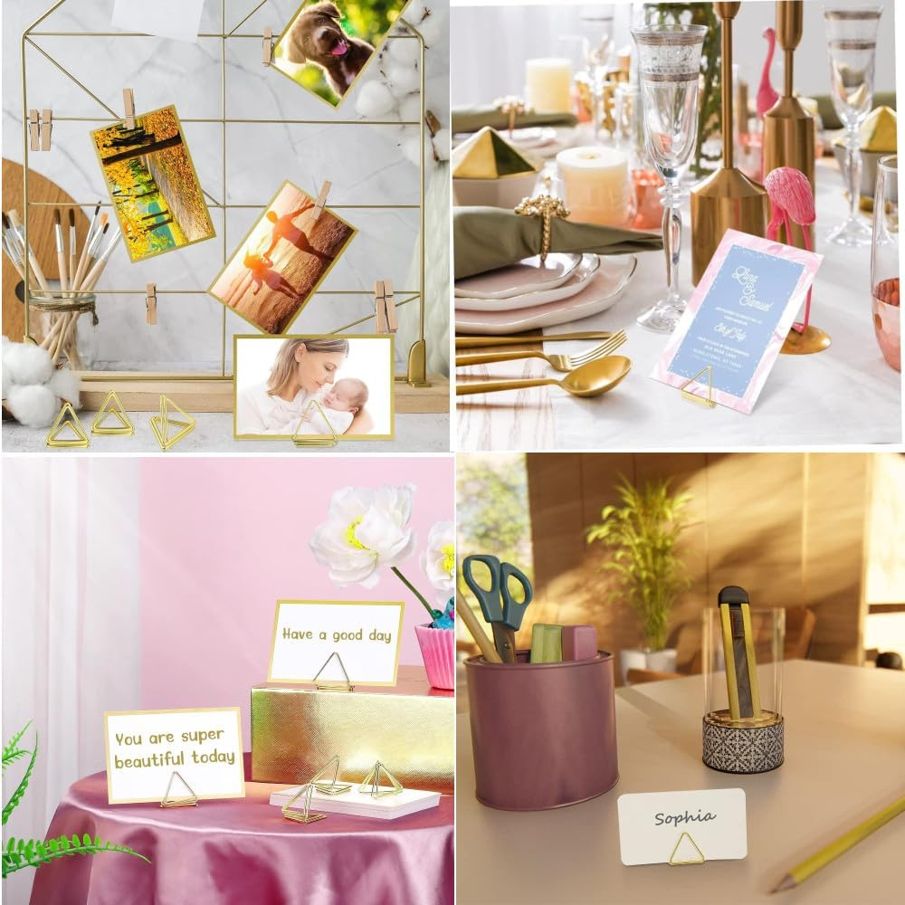 40Pcs Mini Place Card Holders, Triangle Shape Table Number Holder, Wedding Table Mini Name Card Holder, Memo Clip Photo Stands with Cards for Birthday Shower Office Home Decor(Gold) image number 5