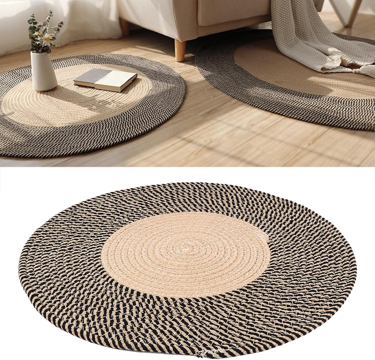 Jute Braided Rug, round Jute Rug, Hand Woven Reversible Fashionable Area Rug, Circle Carpet, Area Rug for Bedroom, Hallway, Living Room, Kitchen (Retro Color) image number 1