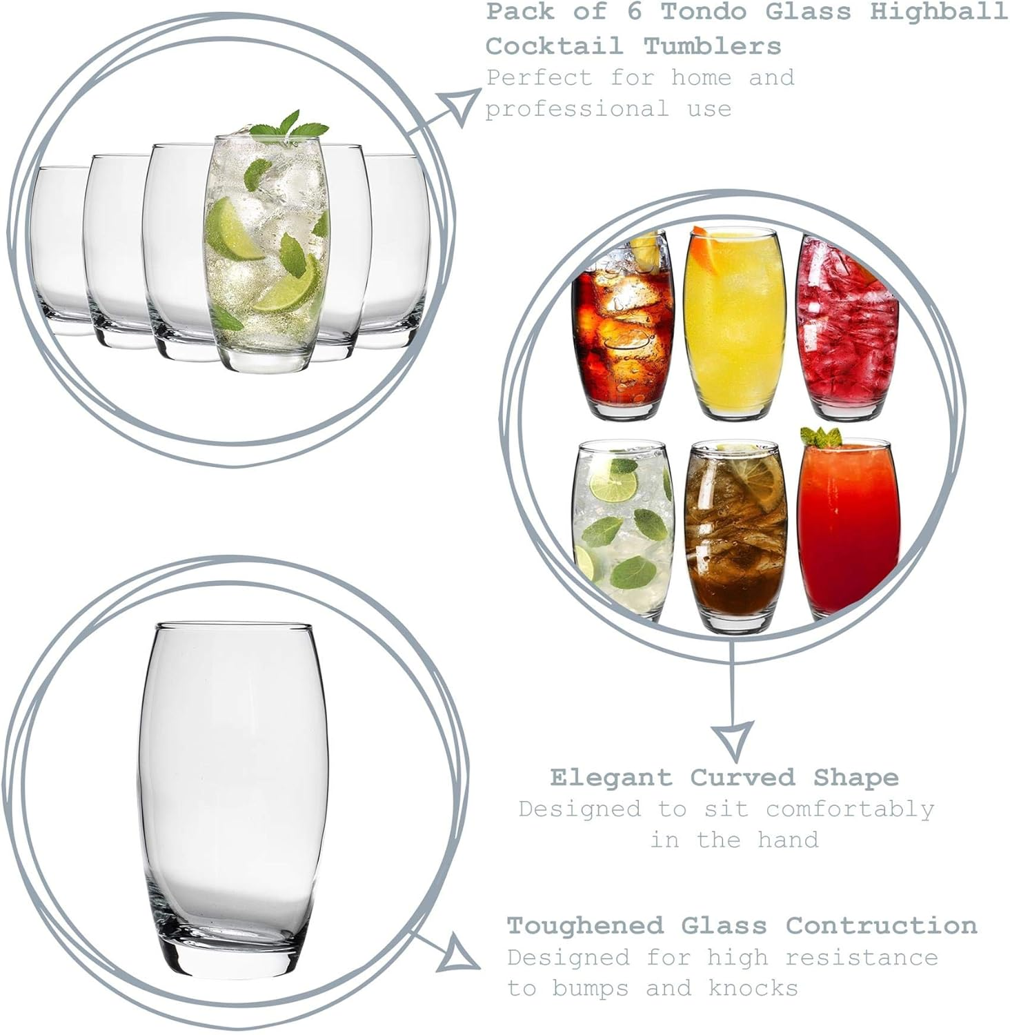 LAV 6X Clear 510Ml Empire Highball Glasses - Tall Hi Ball Glass Water Gin Juice Cocktail Drinking Glassware Tumblers Set image number 5
