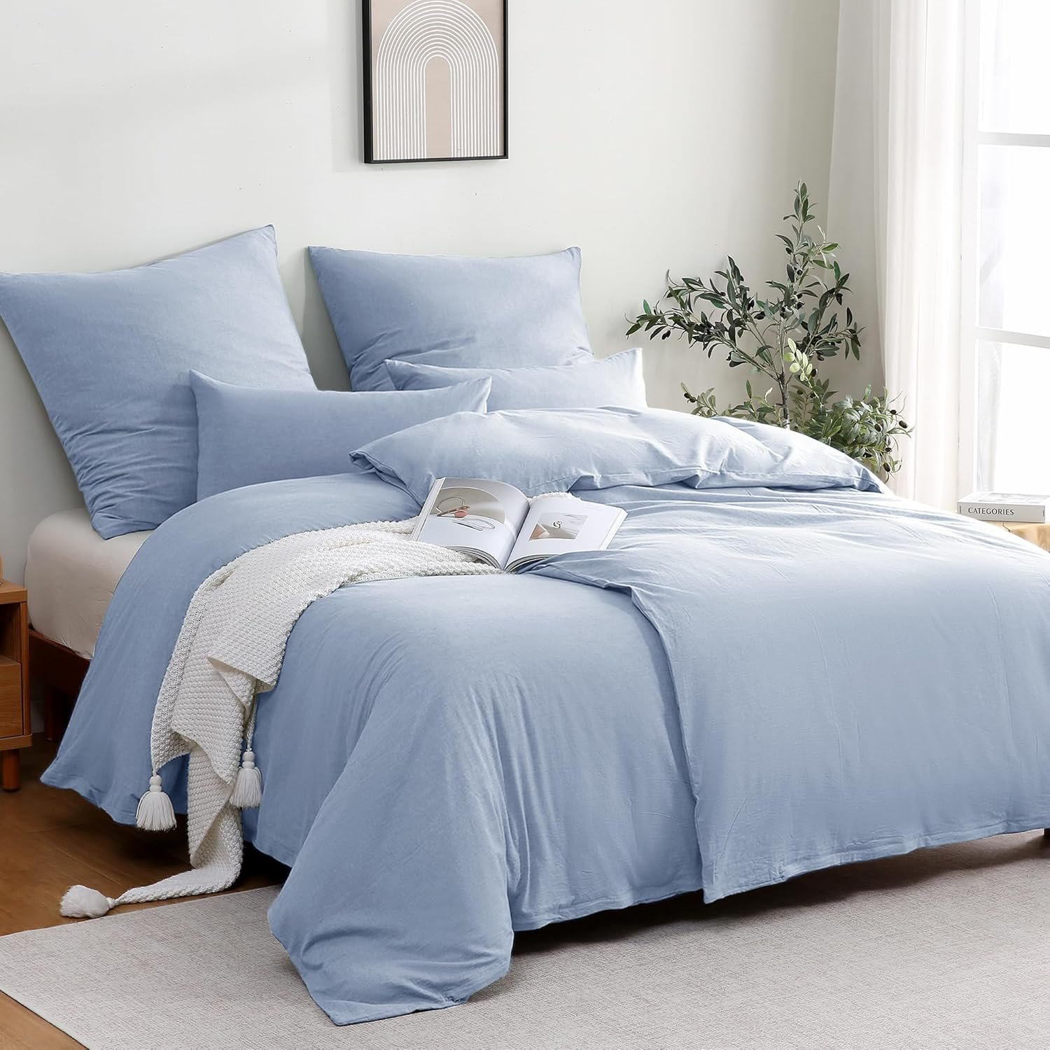 Atsense Bed Linen 135 X 200 Cm Cotton 4-Piece Bedding Sets Sky Blue &Ouml;kotex Certified with Linen-Like Handle, Breathable, 2 Duvet Covers and 2 Pillowcases 80 X 80 Cm image number 6