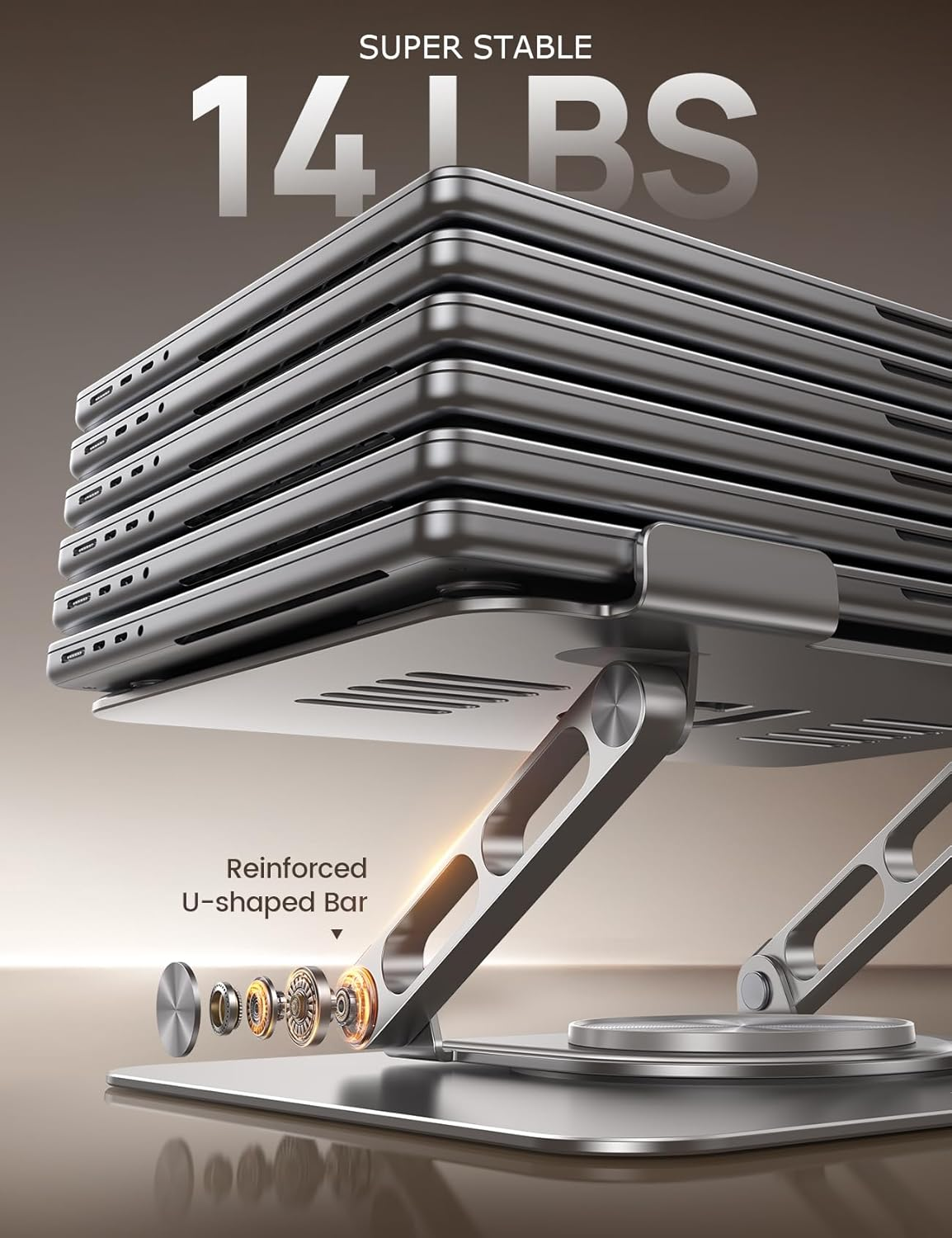 Lamicall Adjustable Laptop Stand for Desk with 360 Rotating Base, Ergonomic Computer Stand, Aluminum Laptop Riser Foldable Protable for Office Home Fits Macbook Air Pro, Dell, HP (10-17.3'') - Silver - Black image number 2