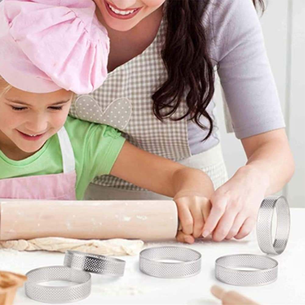 8Pcs Stainless Steel Tart Ring, Heat-Resistant Perforated Cake Mousse Ring round Double Rolled Tart Ring Metal Mold 10Cm image number 1