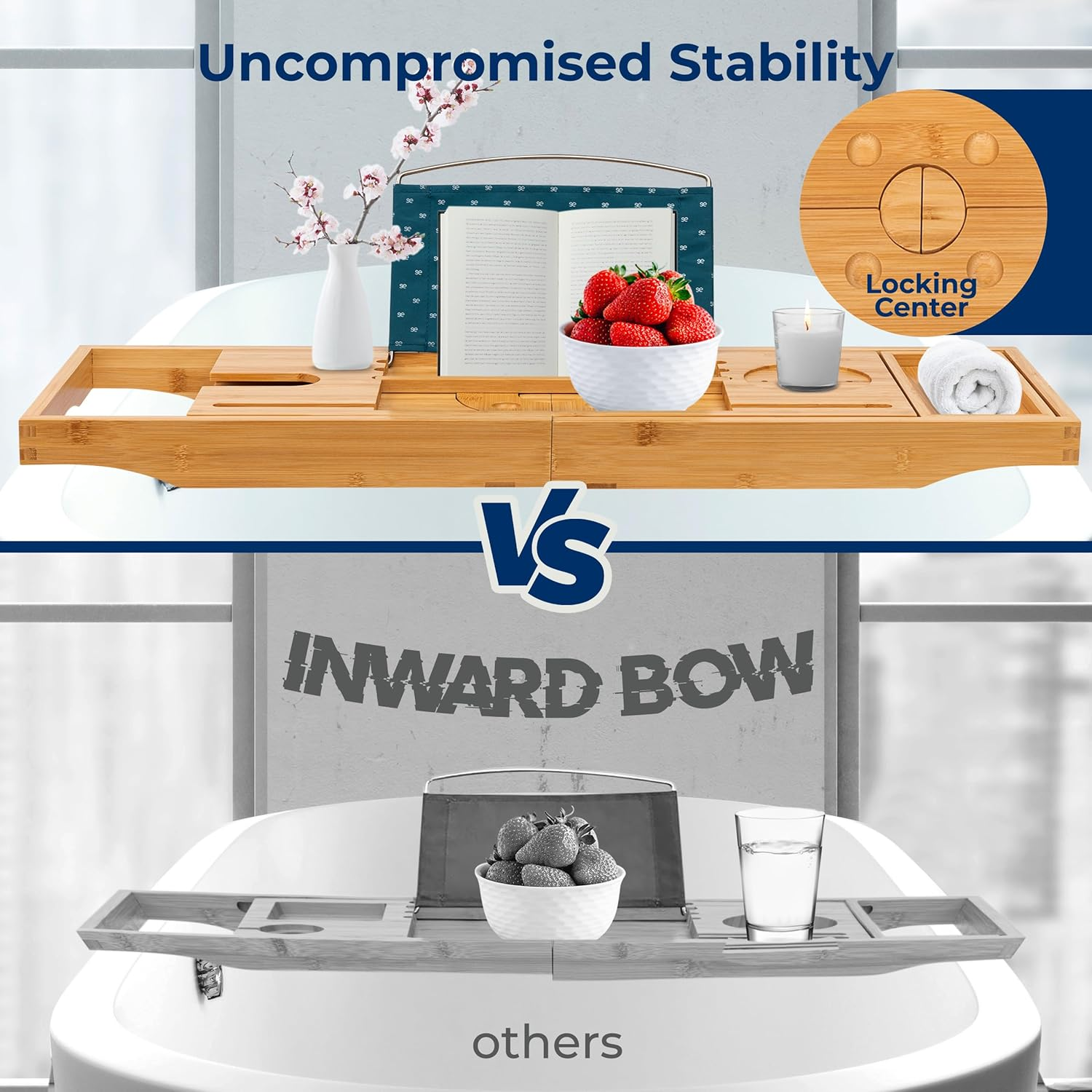 Serenelife 2 in 1 Bed and Bath Tray - Foldable Bamboo Bathtub Caddy with Adjustable Length, Non-Slip, Device Holder, Wine Glass Slot, Expandable for Comfortable Bathing (Folding, Soft Back, Gift Set) image number 1