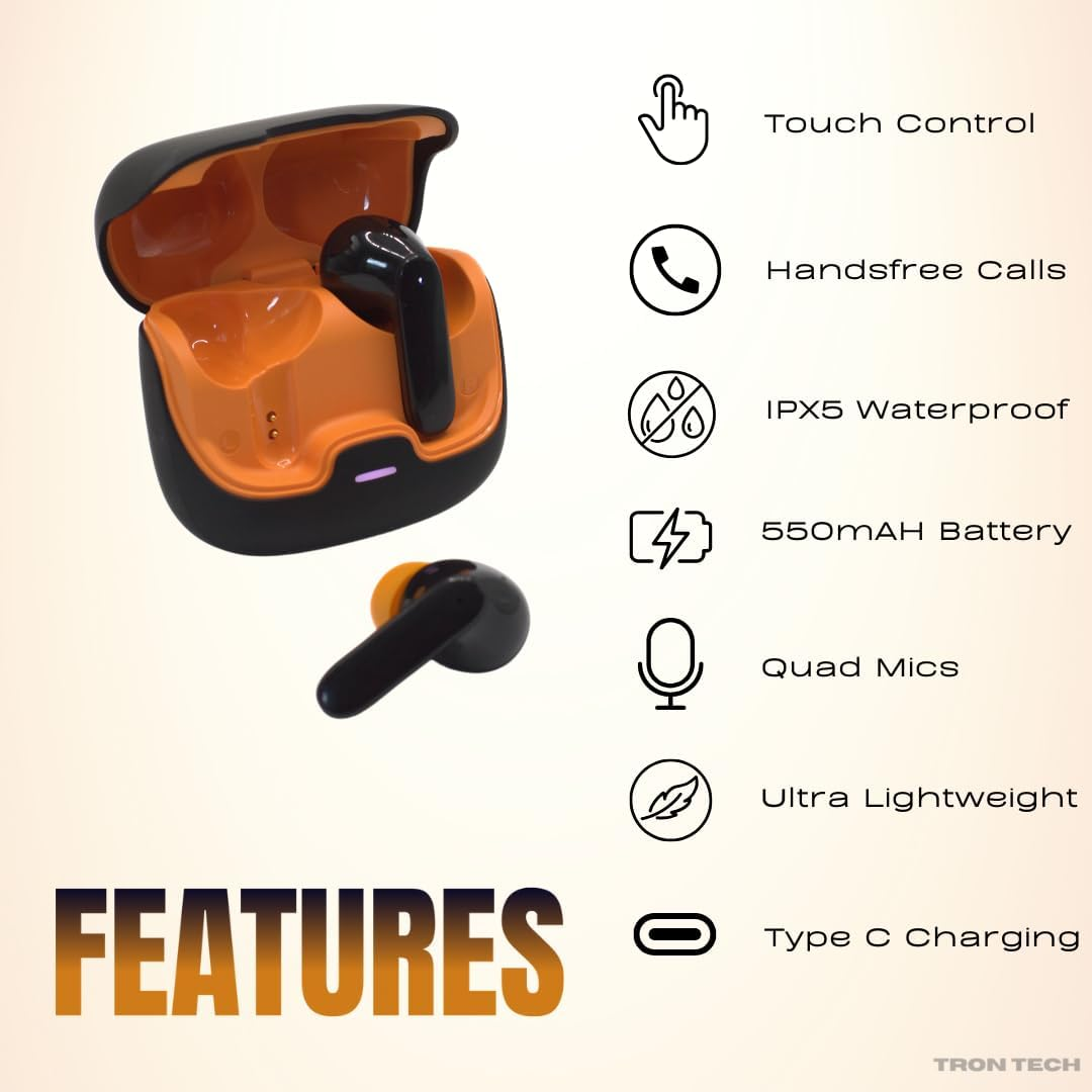Bluetooth Earbuds with Active Noise Cancelling, Bluetooth 5.4, Lightweight, Wireless Charging Case, Built-In Microphone, Premium Sound for Ios Android (Black Orange) image number 3