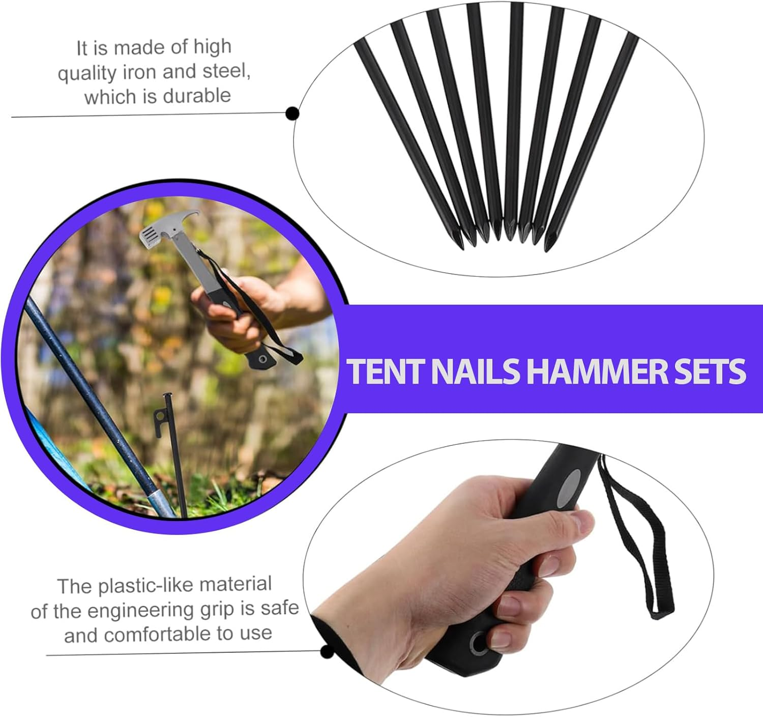 Tent Pegs, 8 Pcs Tent Stake and Hammer Set, 7.6 Inch Heavy Duty Forged Steel Tent Stakes, Camping Hammer and Storage Bag for Pop up Tent, Camping Tent image number 3