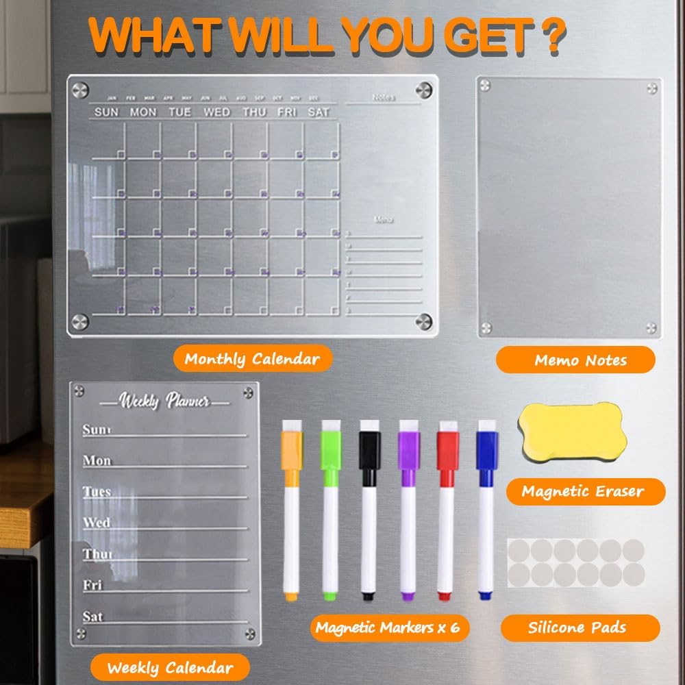 3Pcs Magnetic Acrylic Calendar for Fridge,Fridge Calendar Dry Erase Magnetic Planning Boards Acrylic Planner Monthly+Weekly Board+Memo Demos with 6 Markers+1 Erase(Clear) image number 5