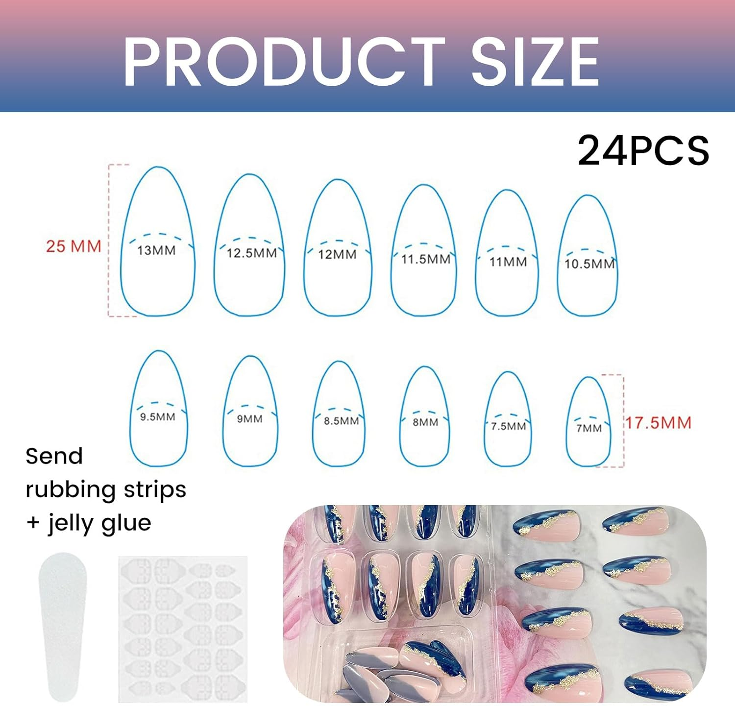 Kabwea 24 Pieces Artificial Acrylic Nails with Gold Foil and Blue Marble, Medium Almond-Shaped Press-On Nails, Fake Nails, Press on Nail image number 1