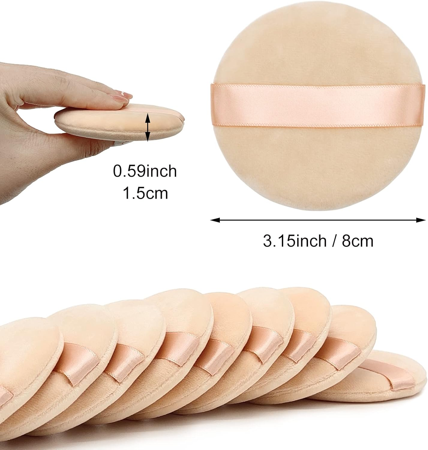 12 Pieces Cotton Powder Puff,3.15 Inch round Portable Soft Sponge Cosmetic Puffs,Velvet Powder Puff with Ribbon Band Handle for Loose Powder Body Powder Makeup Tool image number 5