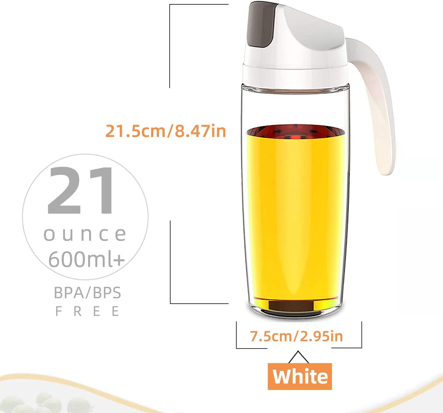 Kimilx Oil Dispenser, Cooking Olive Oil Glass Bottle, 600ML 22OZ White Auto Flip Leakproof Condiment Container, W/Automatic Cap and Stopper for Kitchen Cooking - A-600Ml image number 2