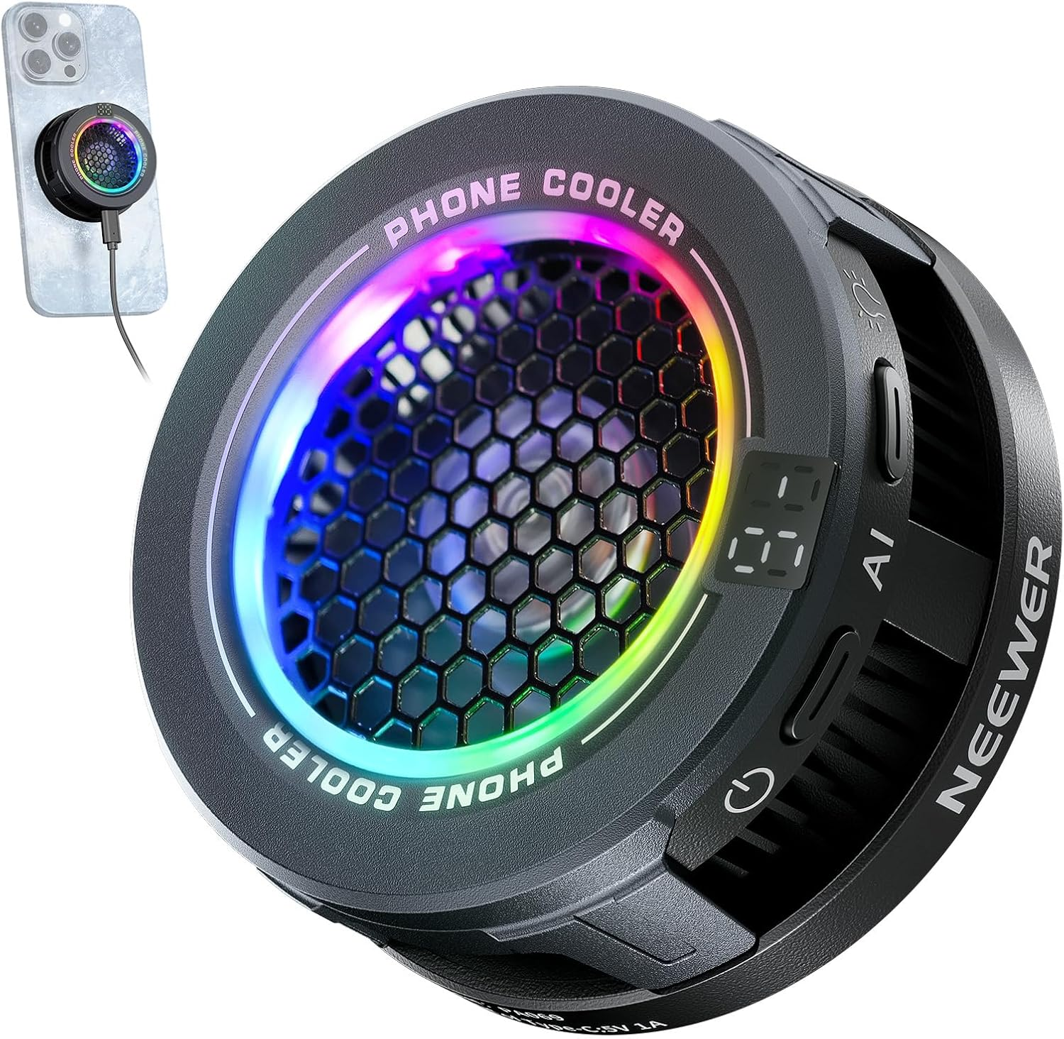 NEEWER Basics Magnetic Phone Cooler, Low Noise USB Cooling Fan with Smart Temp Control, RGB Light, Magnetic Ring & Clip Compatible with Iphone 15 16 Pro Max Magsafe Samsung Ipad for Gaming, PA069 image number 3