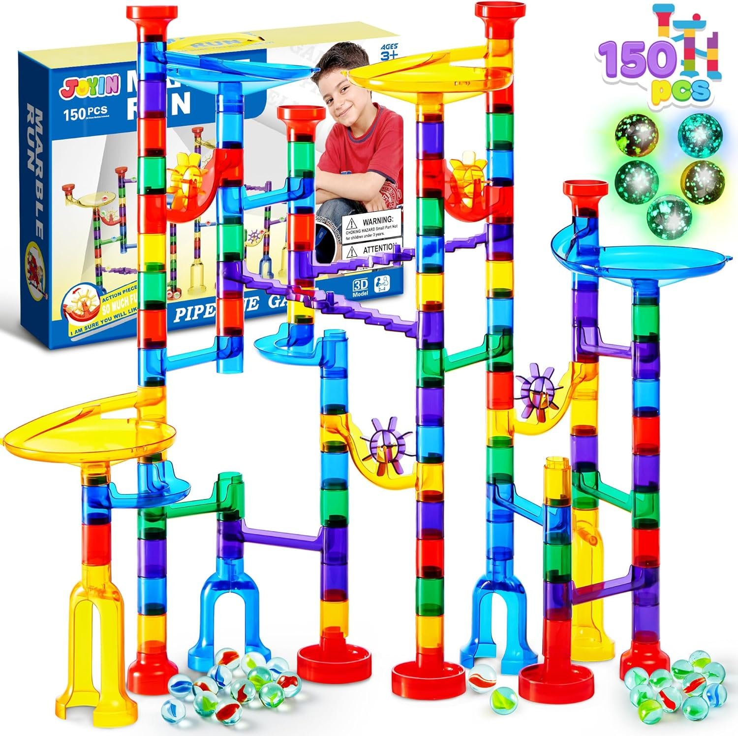 JOYIN 150Pcs Glowing Marble Run- Construction Building Blocks Toys with 5 Glow in the Dark Glass Marbles, STEM Educational Building Block Toy image number 6