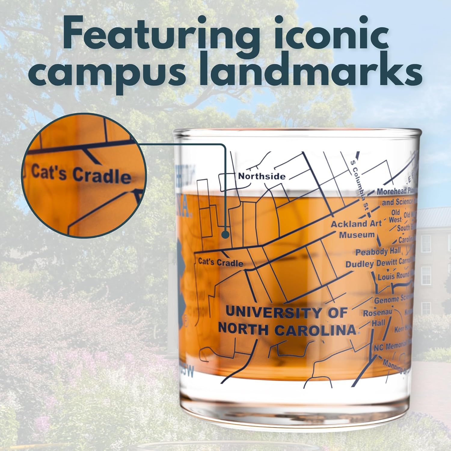Greenline Goods &ndash; University of North Carolina Tar Heels College Whiskey Glasses (Set of 2), 10 Oz &ndash; Full-Color Logo + Campus Map image number 1