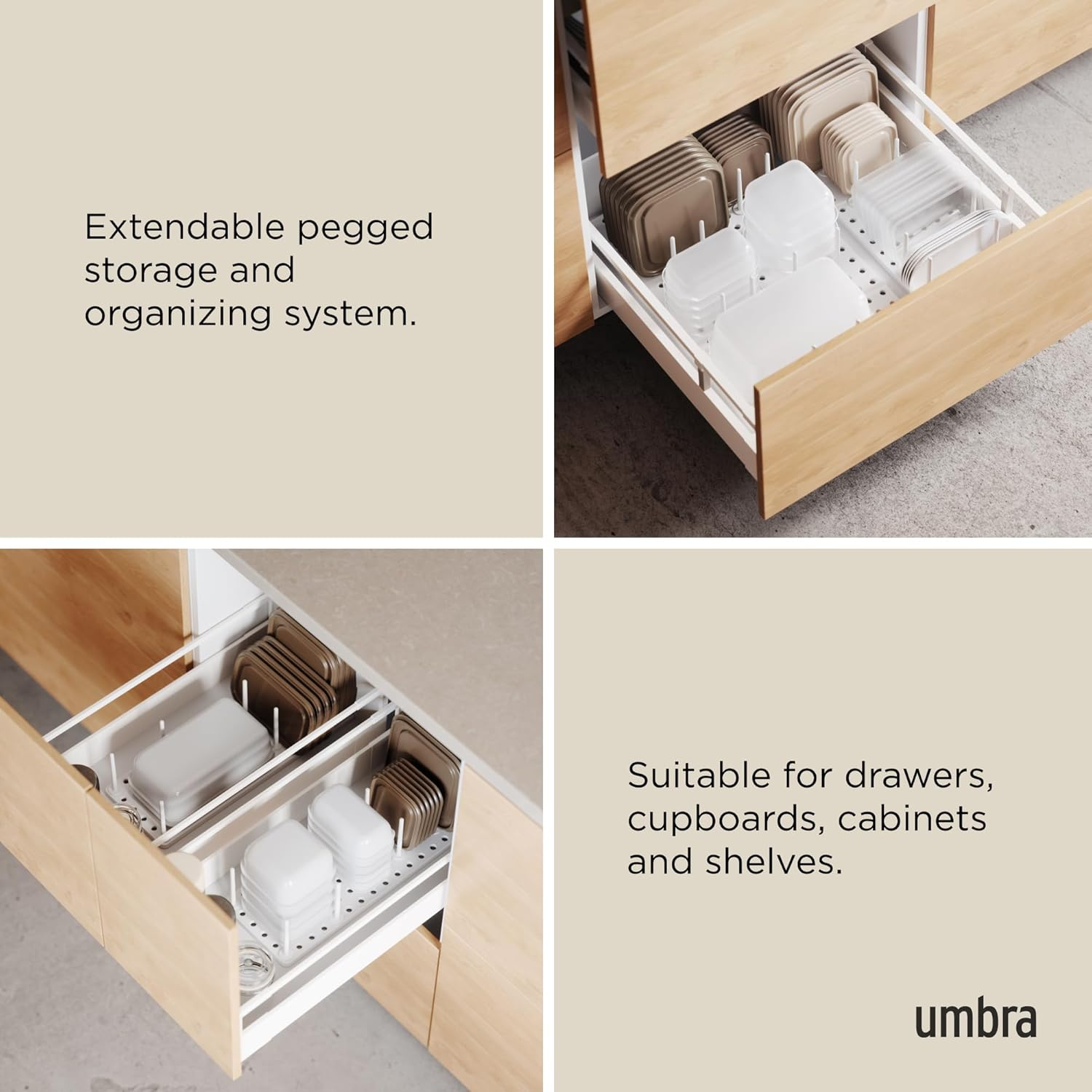 Umbra Peggy Kitchen Cupboard, Shelf and Drawer Organizer Tray - Adjustable Storage System, White image number 1