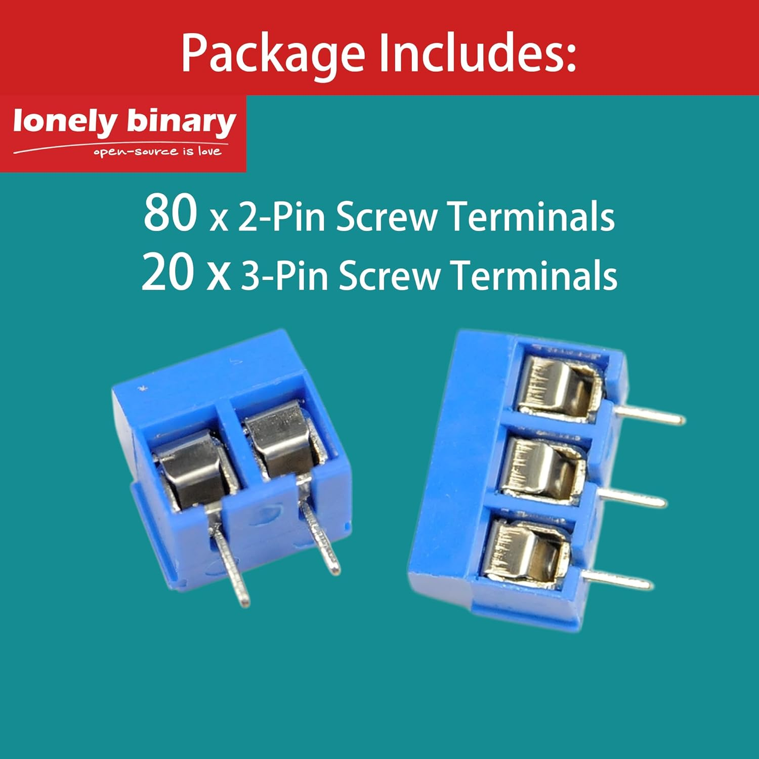 Lonely Binary Pack of 100 Breadboard-Friendly Screw Terminals - 5Mm Pitch, 2-Pin (80) & 3-Pin (20) PCB Mount for Arduino, Raspberry Pi Pico, ESP32 Projects image number 2