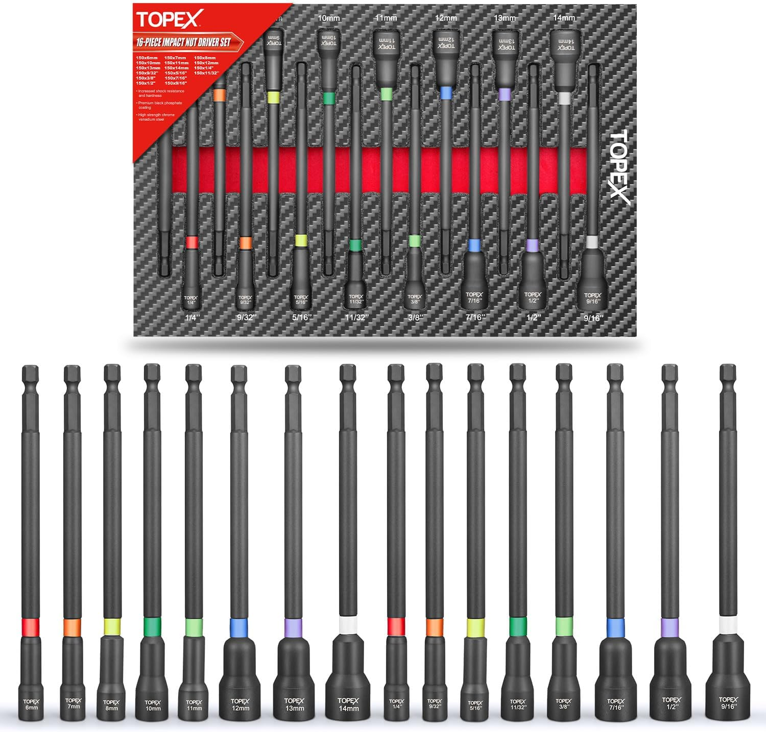 TOPEX 16Pcs Magnetic Impact Nut Driver Set Impact Grade Socket Extension, Metric & SAE Long Drivers, 1/4'' Hex Shank Adapter Drill Nut Driver Power Drill Bit Extensions Tool Accessory image number 4