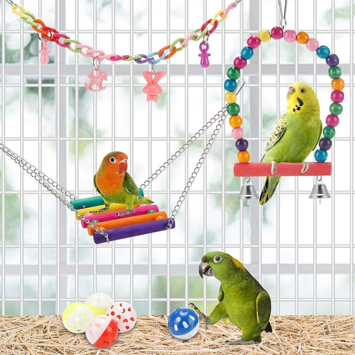 11Pcs Colorful Parrot Toy Set Birdcage Accessories, Stair Swing Rings Plastic Puzzle Ball Toys Suitable for Birds and Parrots to Play image number 3