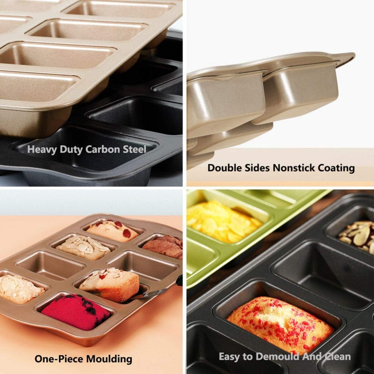 Mini Loaf Pan 8-Cavity Carbon Steel Bakeware Non-Stick Bread Baking Tray One-Piece Design (Golden) - Golden image number 6