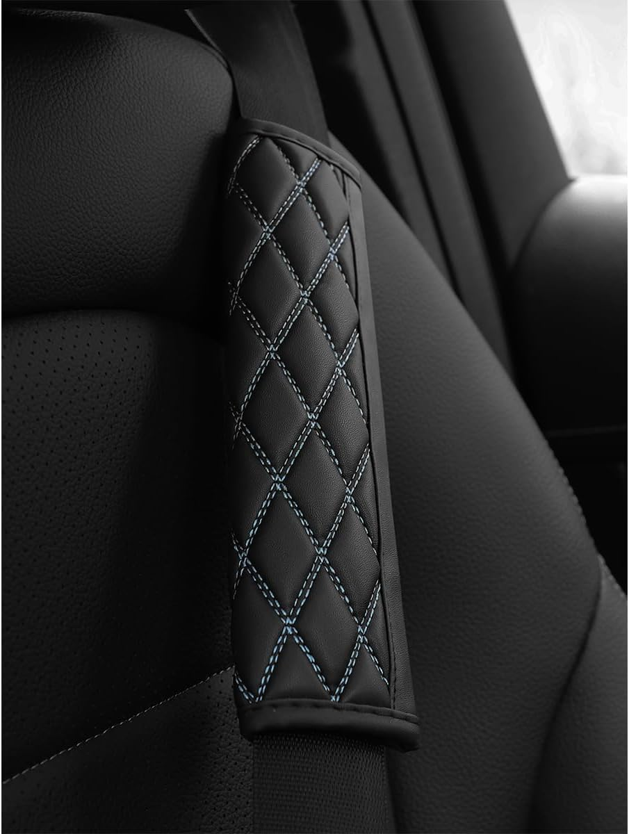 Car Seat Belt Pads, 2PCS Leather Seatbelt Covers Protect Your Neck and Shoulder & More Comfortable Driving, Harness Pad for All Cars and Backpack Strap, Car Interior Accessories (Black/Gray) - Black/Blue image number 4