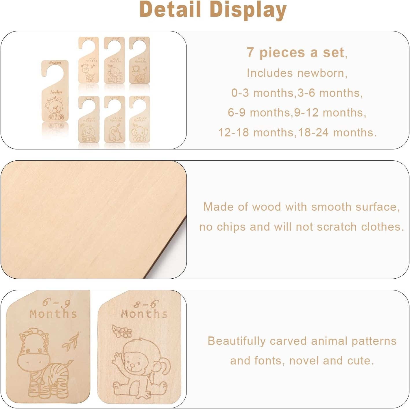 SAVITA Wooden Baby Clothes Dividers, 7Pcs Wood Closet Dividers Month Baby Closet Organizer from Newborn to 24 Months, Nursery Hanger Decor for Boys Girls Infant Wardrobe (Animal) image number 4