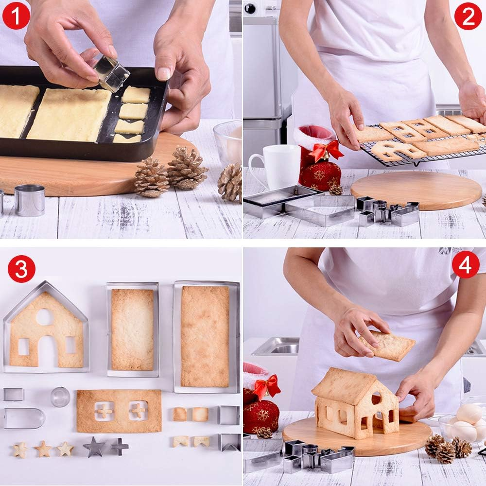 3D Cookie Cutter House Set Christmas,10 Pcs Gingerbread House Cookie Mold for Winter Holiday Thanksgiving Festival,Stainless Steel Cake Biscuit DIY Kit Baking Pastry Tool with Gift Box Packaging image number 1