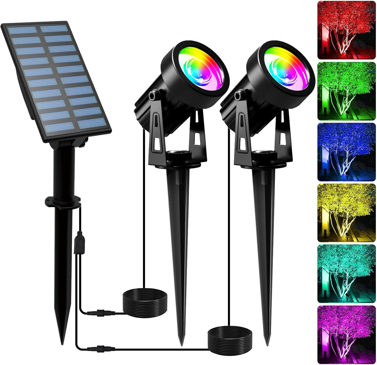 T-SUNUS Solar Spotlight for Outdoors, 2-In-1 Solar Garden Lights, Coloured 6 Colour Changing IP65 Waterproof Solar Lights for Outdoor Garden RGB for Tree Spotlight Path Yard Garage
