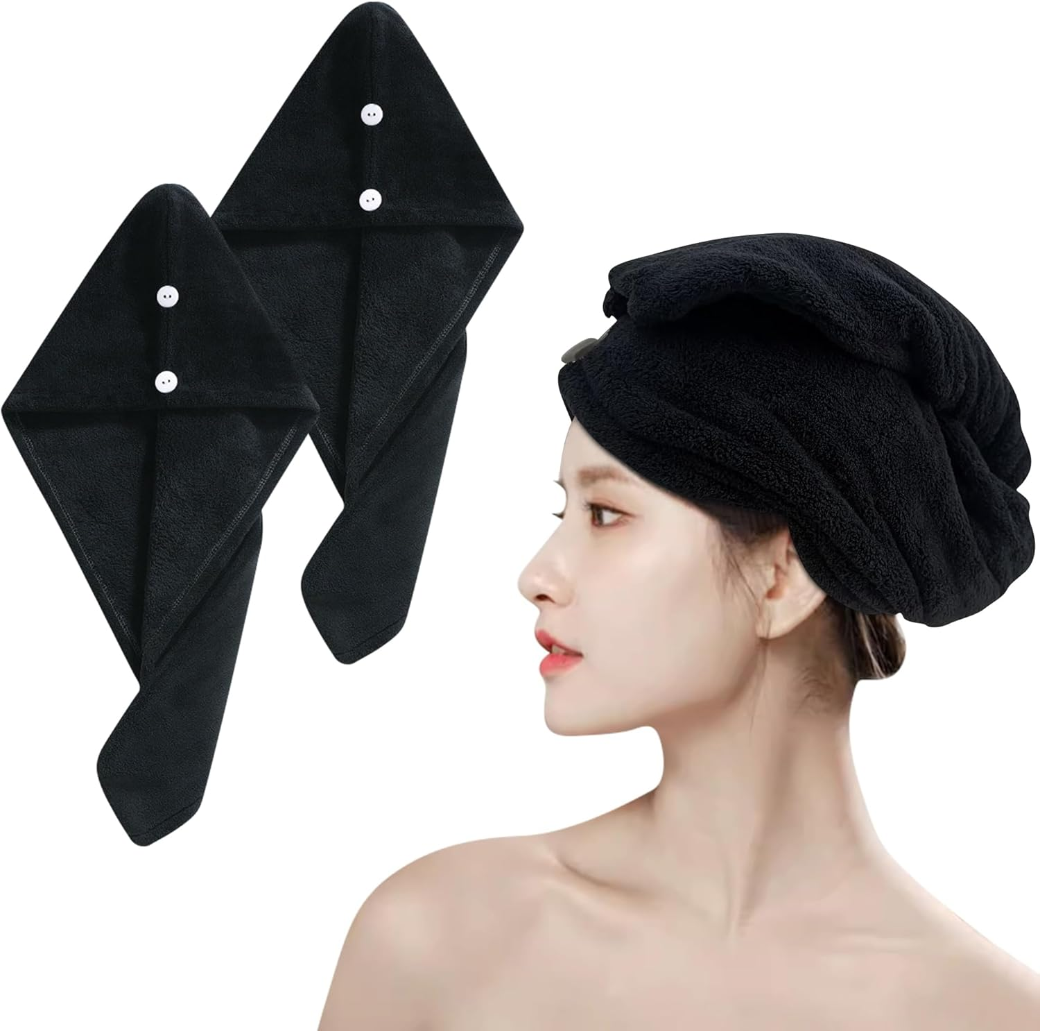 2 Pack Microfiber Hair Towel,Quick Dry Head Wraps Hair Towel Turban Wrap for Women Kids,25.6X9.8 Inch Super Absorbent Fast Hair Drying Towel with Button for Wet Curly Hair(Black)