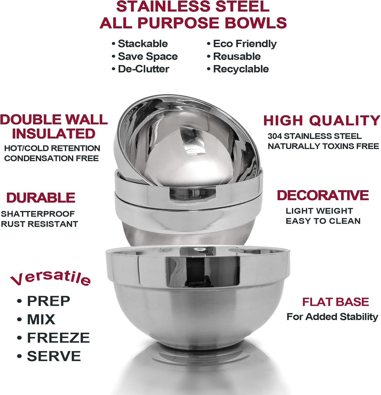 SML HOME Heat Insulated Stainless Steel Bowls, SUS 304, Double Walled Multipurpose, Cereal, Rice, Soup, Noodles, Salad, 4 Pack, LARGE (28 Oz) image number 4