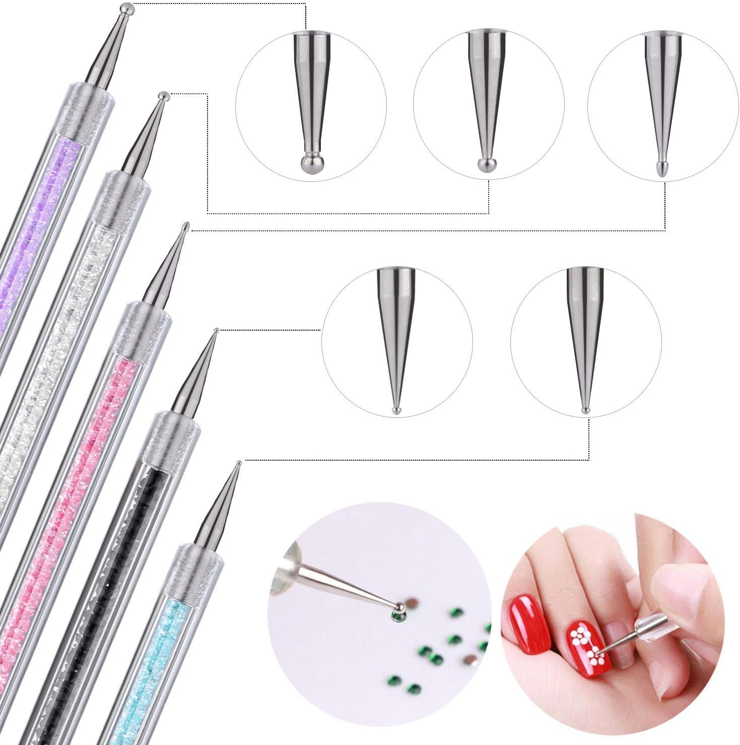 5 Pcs Nail Art Liner Brushes Dual-Ended Nail Polish Decorating Brush Including Fine Striping Brush and Dotting Pen (5,7,9,11,13 Mm) image number 1