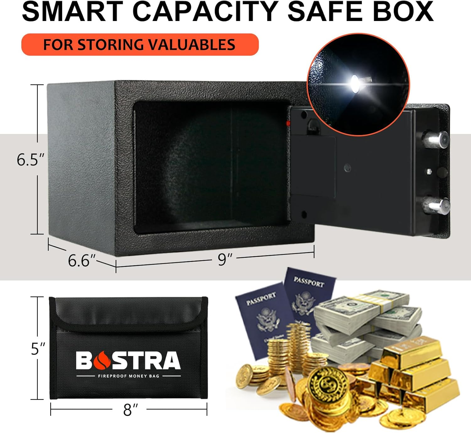 Bostra Fireproof Safe Box with Sensor Light & Fireproof Bag, Money Safe Box with Digital Keypad,Security Safe Box for Home, 0.23 Cubic Small Safe with Keys & Pass Code for Cash Jewelry Black image number 6