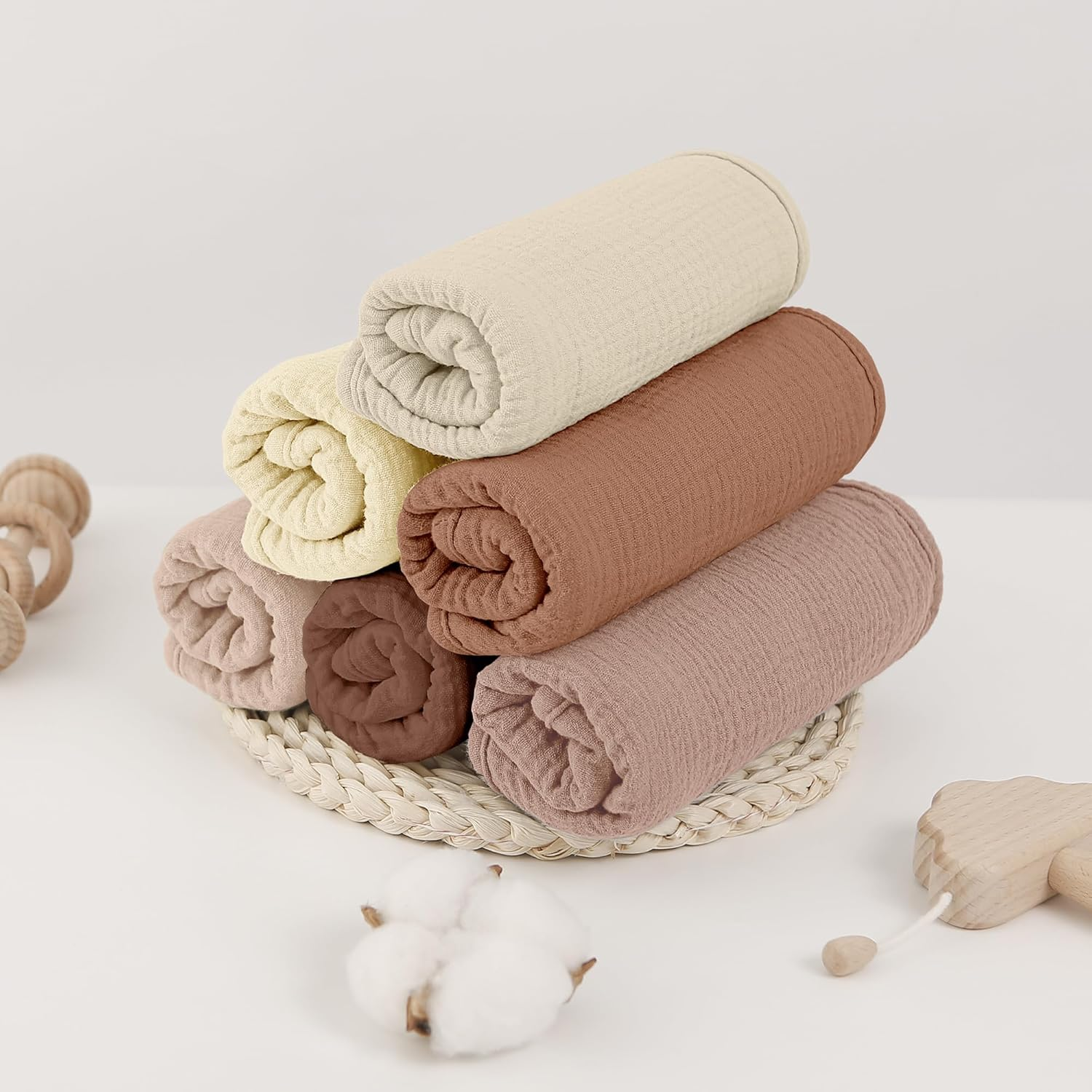 Bearmoss 100% Cotton Muslin Burp Cloths Sets 6 Pack 20X10Inch Large Burping Clothes Extra Soft Absorbent for Newborn Unisex Baby Girls and Boys (Brown) - Bluesky image number 3