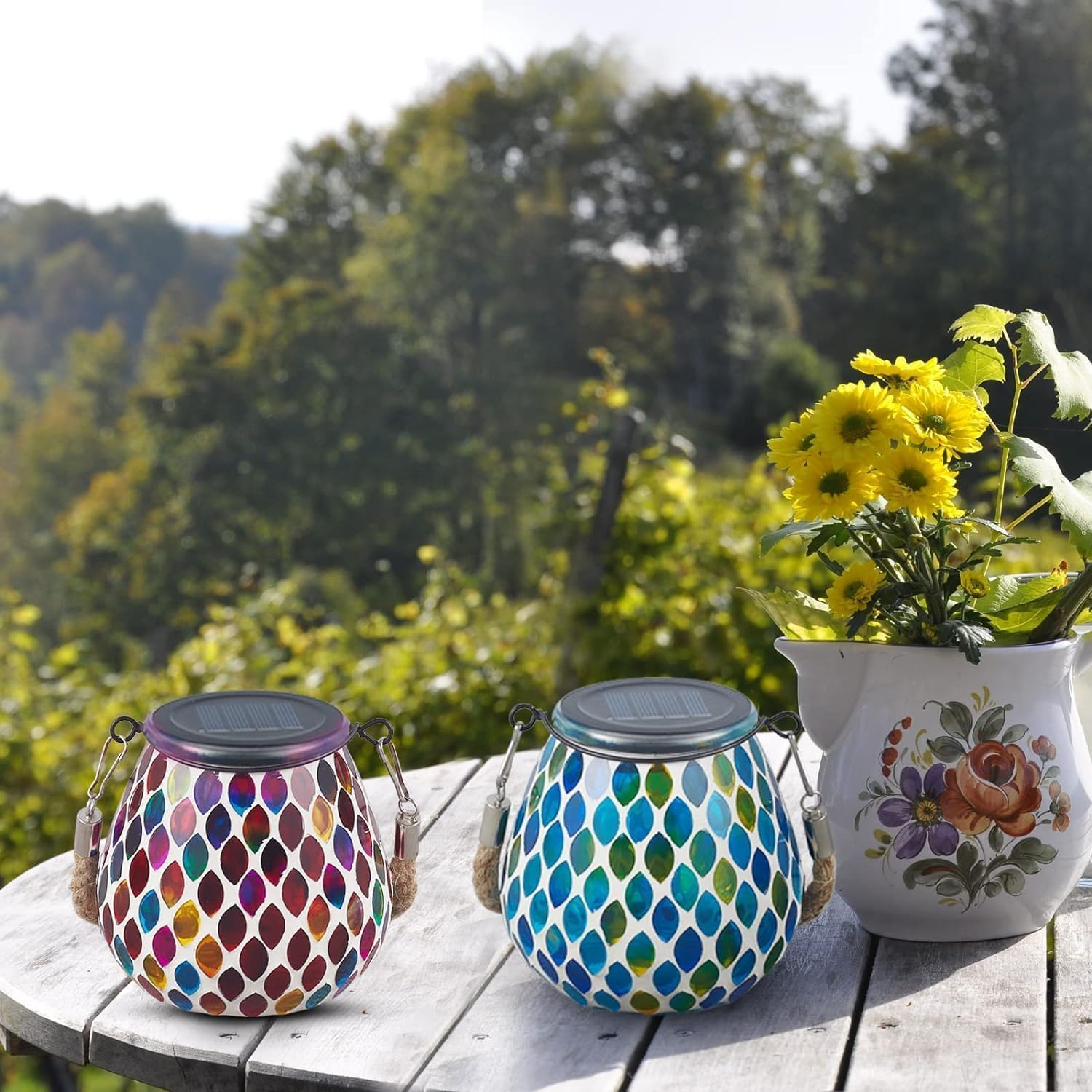 Zarmanuae Mosaic Solar Lanterns Outdoor Hanging Lights, Red & Blue Color Solar Glass Lights, Outdoor Waterproof Solar Night Lights, Garden, Patio, Pathway & Yard Multi-Colour, 2 Pack image number 3