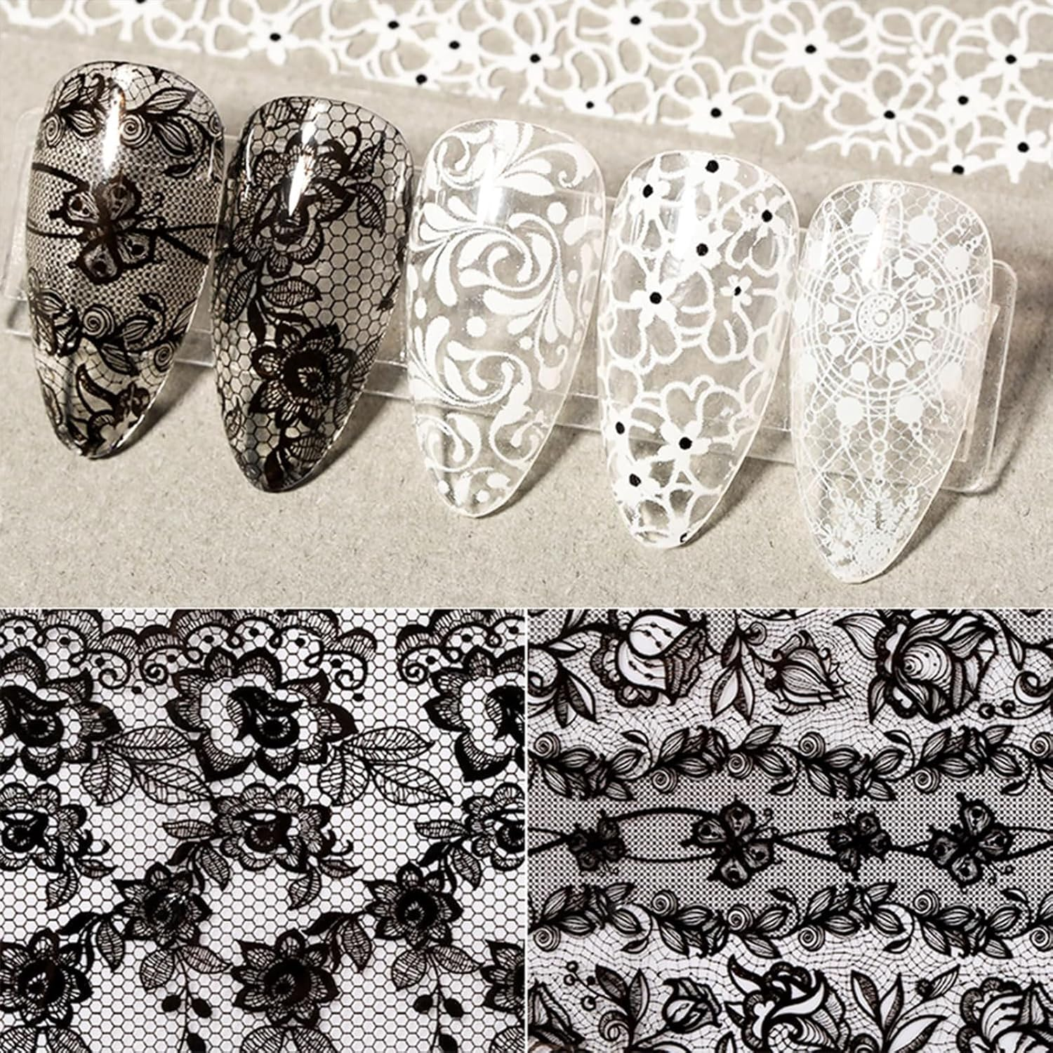 20 Rolls Lace Nail Foil White and Black Nail Transfer Foil Flower Nail Art Foils Decals Holographic Foils for Nails Manicure Stickers for DIY Acrylic Nails Decoration image number 4