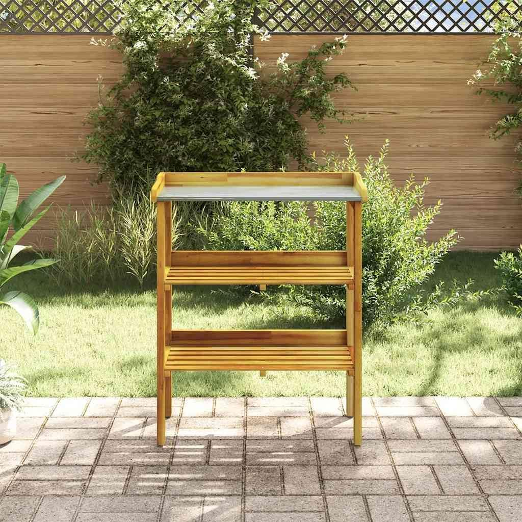 Potting Bench, Garden Potting Bench Tables with 2-Tier Shelves, Outdoor Wooden Work Station with Top Zinc Liner, Country Style Gardening Table for outside Garden/Porch, Brown, 29.9X14.6X36.2 image number 4