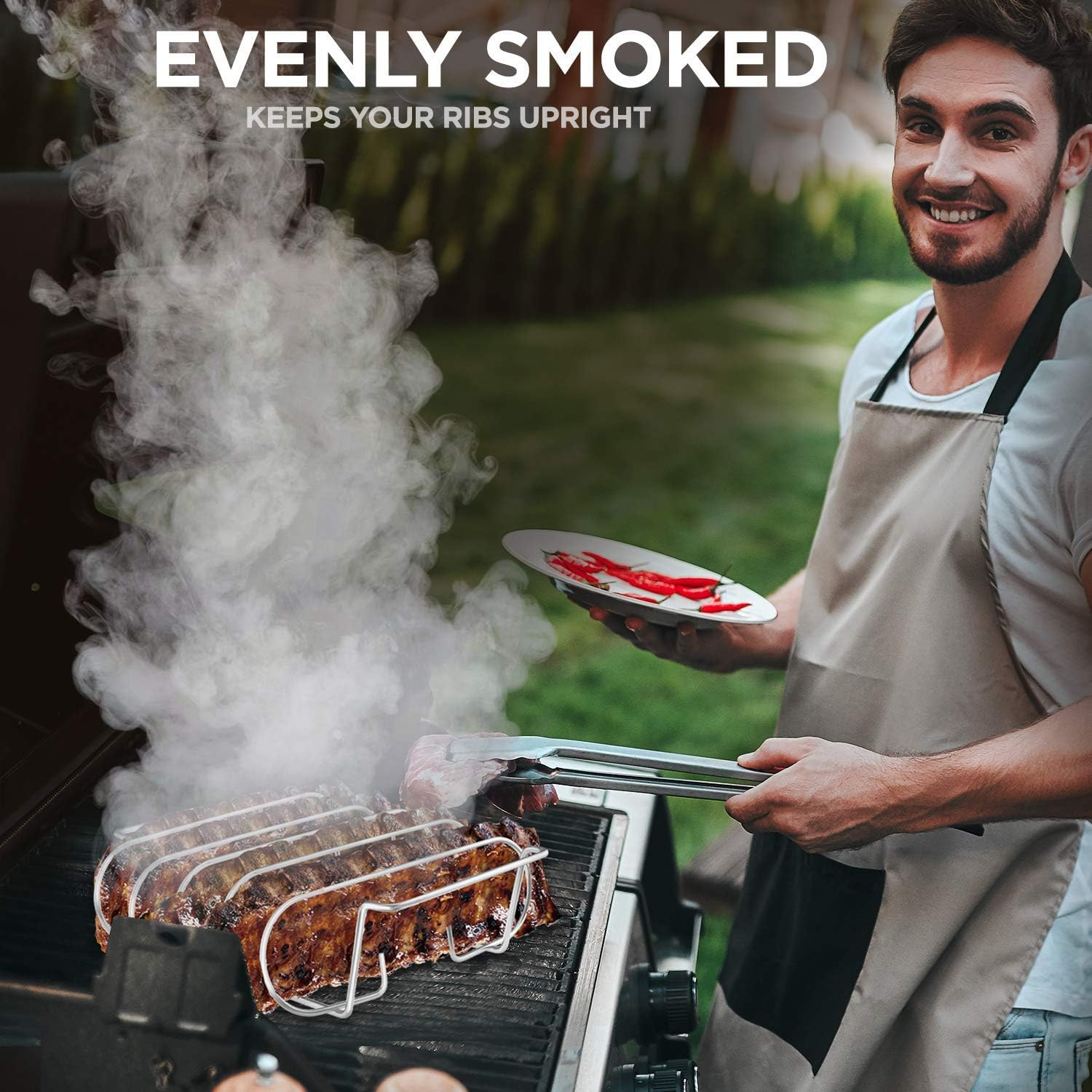 Rib Rack, Stainless Steel Roasting Stand, Holds 4 Ribs for Grilling Barbecuing & Smoking - BBQ Rib Rack for Gas Smoker or Charcoal Grill image number 1