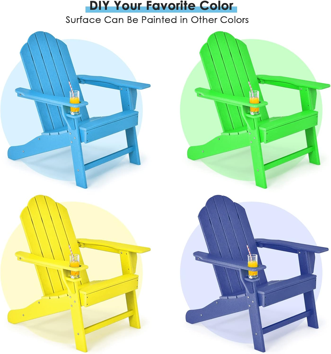 Costway Adirondack Chair with Cup Holder, Outdoor Patio Weather Resistant Adirondack Chair, Fire Pit Chair for Porch, Garden, Poolside and Beach (White) - Navy Blue image number 3