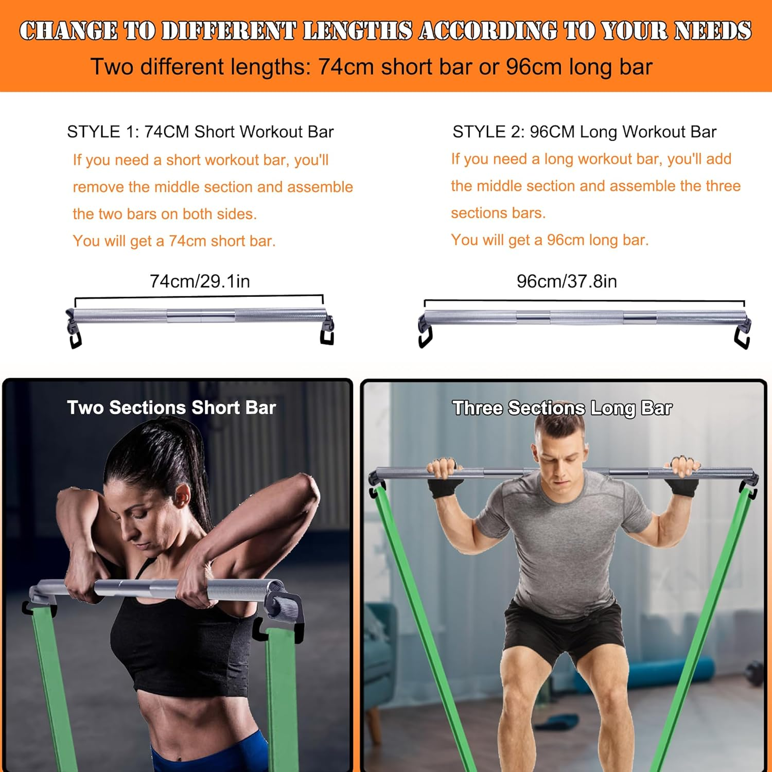 J Bryant Fitness Resistance Band Exercise Bar Large Hook 37.8" Length with Handles Heavy Duty Bar image number 4
