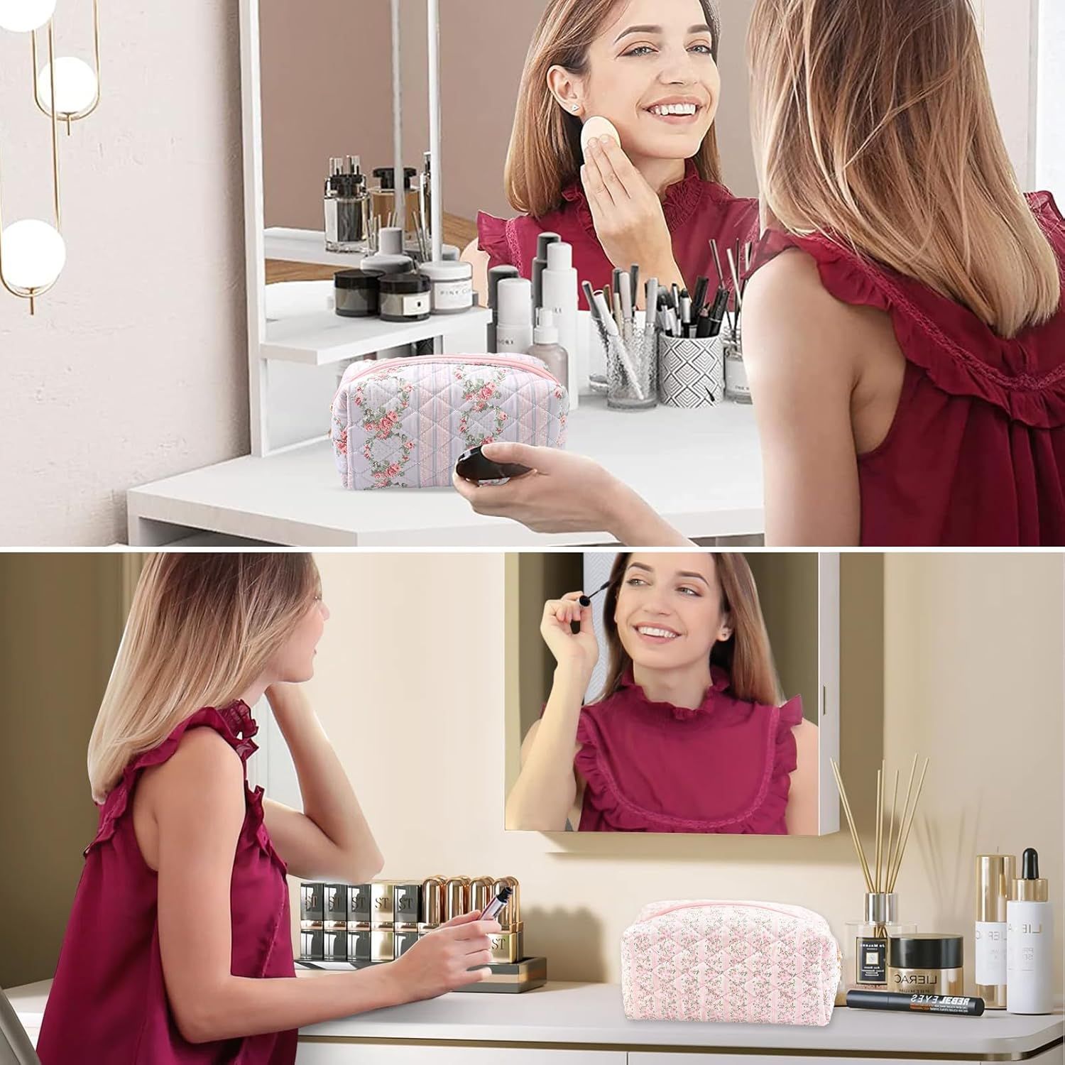 Floral Makeup Bag, Cute Quilted Makeup Toiletry Bag, Zipper Cosmetic Pouch, Daily Travel Use Skincare Bag, Multipurpose Organizer Bag, Blossom Blush Pink, Cute