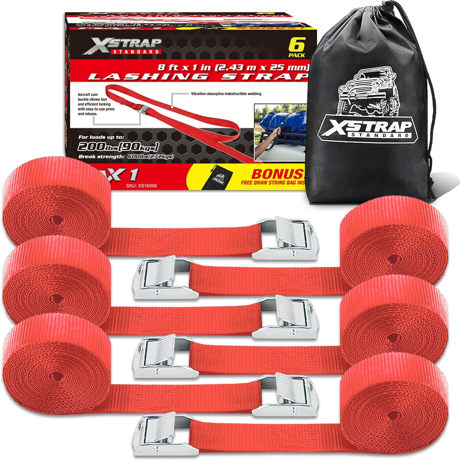 XSTRAP Ratchet Tie down Straps 6PK 8FT 1-Inch, Red image number 4