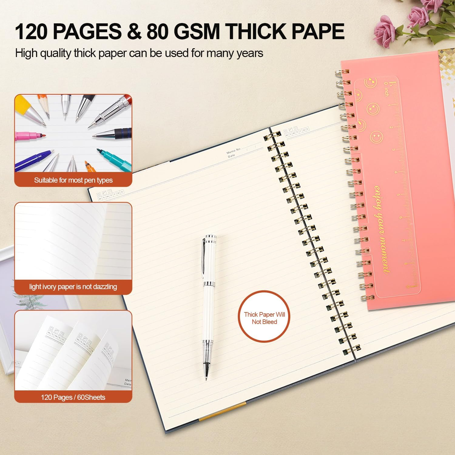 COZY CORE A4 Large Pink Notebooks for Women Men, 8.5&rdquo; X 11&rdquo; Spiral Notebook Journal, College Ruled Lined Journal, 100 GSM Paper, Plastic Hardcover Spiral Bound Journals for Work, School, Note Taking, and Business (Pink) image number 5