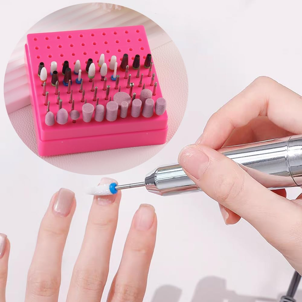 Fspronail Nail Drill Bits Holder,100 Holes Nails Drill Grinding Head Organizer Empty Box,Nail Drill Kit and Nail Drills Cleaning Brush Dust-Proof Storage Display Manicure Tool Container Case(Rose Red) - Black image number 2