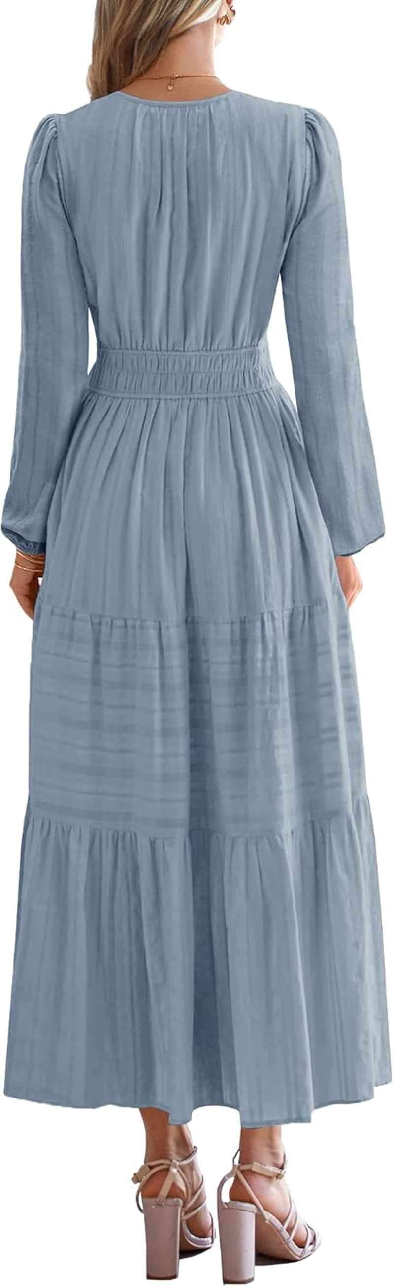 Nursing Fall Dresses for Women Puff Long Sleeve V Neck Tiered Wedding Guest Maxi Dress with Pockets image number 6