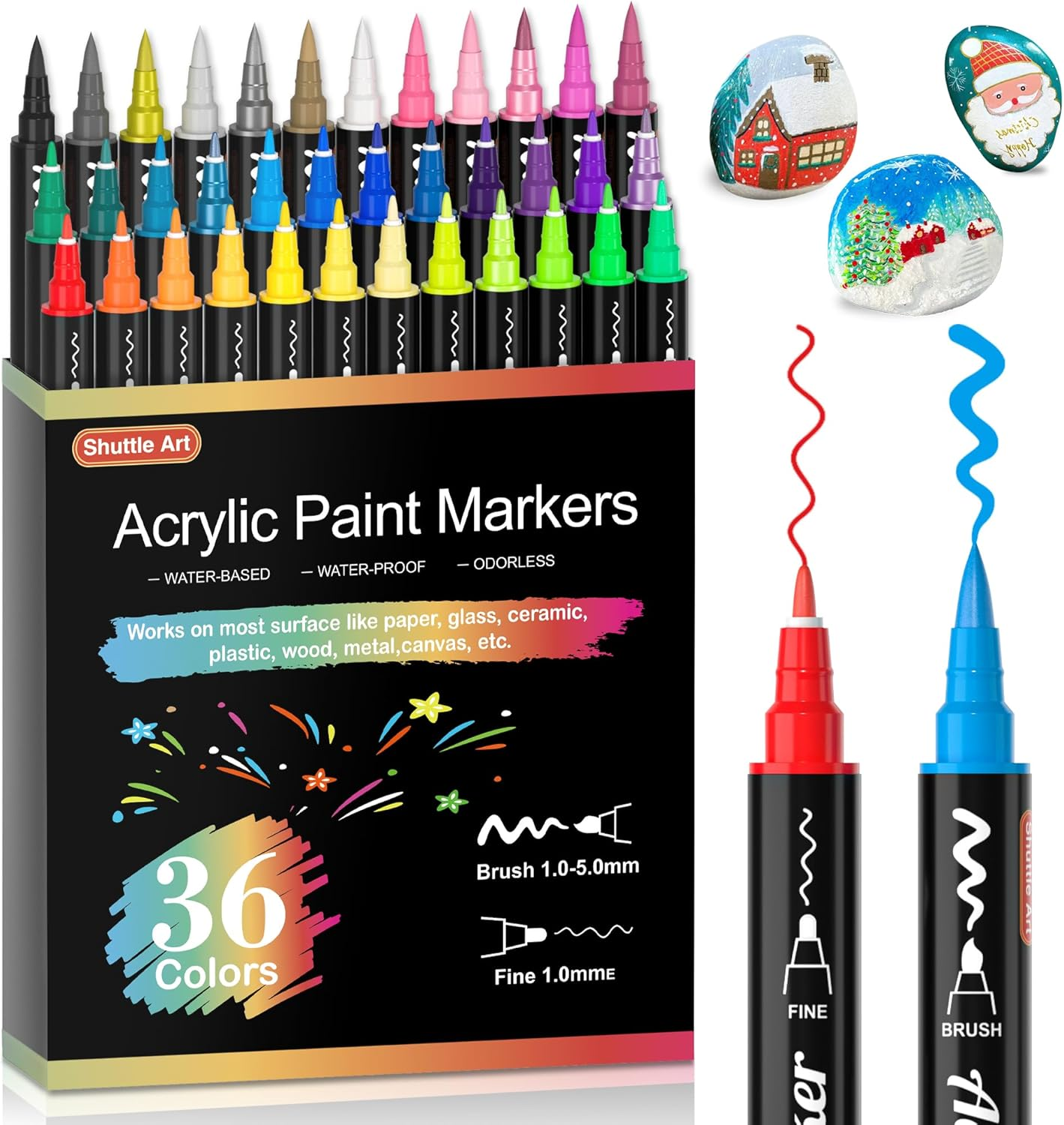 Shuttle Art 36 Colors Dual Tip Acrylic Paint Markers, Brush and Fine Tip for Rock Painting, Ceramic, Wood, Canvas, Plastic, Glass, Stone, Calligraphy, Card Making, DIY Crafts image number 3