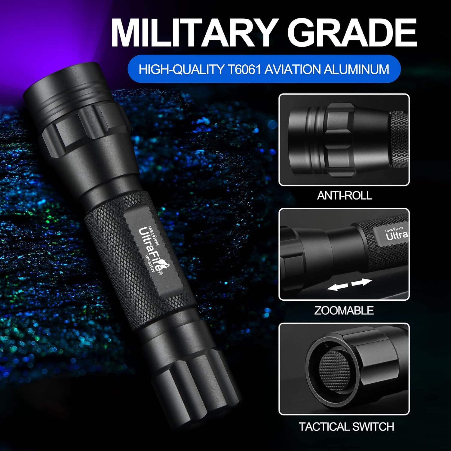 Ultrafire WF-508UV UV Torch 395-405Nm Black Light Zoomable Ultraviolet LED Torch with Holster, 3.7 V 2600 Mah Rechargeable Battery and Charger image number 5