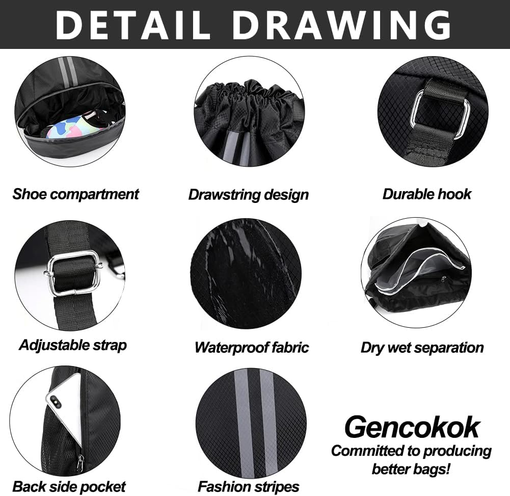 Drawstring Backpack Sports Gym Bag with Shoes Compartment, Waterproof Draw String Back Bag for Men Women - Black-1 image number 1