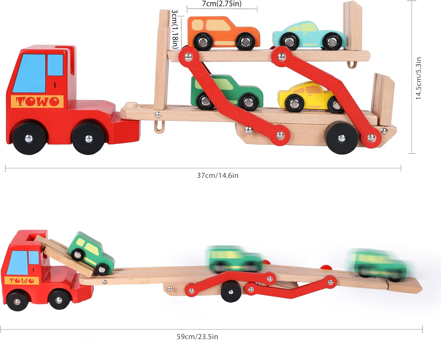 TOWO Wooden Car Transporter Toy Double Decker Trailer with 4 Cars Ramp Racer - Wooden Car Toy Truck Carrier for 3 Years Old Boys Vehicle Toys for Kids image number 6